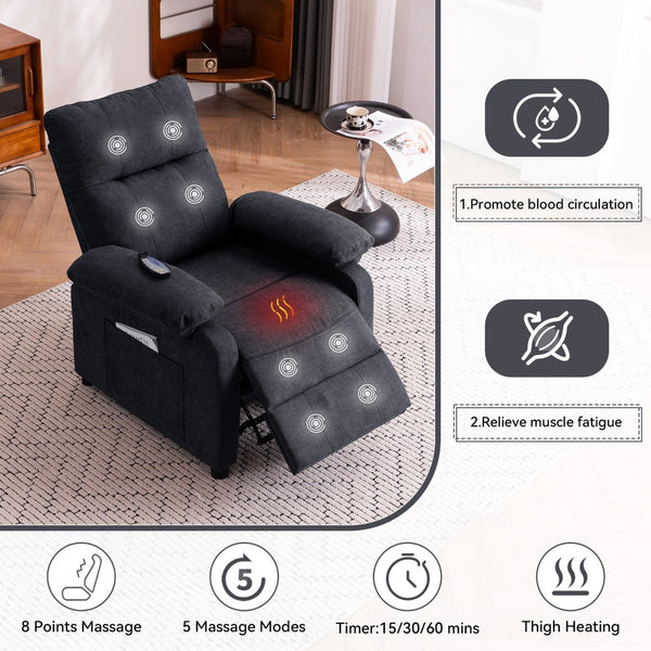 English Elm 019-160°recliner Plush Chenille Push Back Chair with Massage Heating for Seniors Black W2636P286683