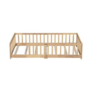 English Elm Twin Low Profile Rubberwood Floor Bed with Full Safety Fence for Toddler Rooms Natural W504P429336