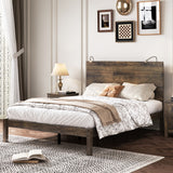 Farmhouse Wooden Platform Full Size Bed, Modern Platform Bed With Two Bedside Lights, Antique Walnut