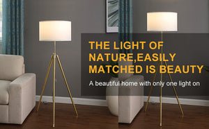 English Elm 64" Adjustable 47–64"H Brass & Shiny Gold Mid-Century Tripod Floor Lamp with White Linen Shade, Dimable Look B072P220162