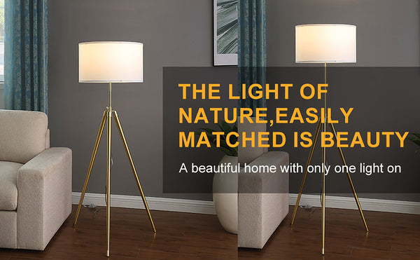 English Elm 64" Adjustable 47–64"H Brass & Shiny Gold Mid-Century Tripod Floor Lamp with White Linen Shade, Dimable Look B072P220162