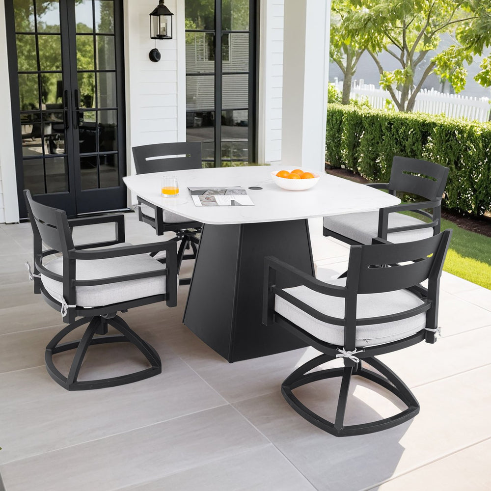 English Elm 5-Piece Outdoor Dining Set With 44" Rounded Square Table & Swivel Rockers - Stylish, Durable, Weather-Resistant! W1886S00024