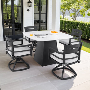 English Elm 5-Piece Outdoor Dining Set With 44" Rounded Square Table & Swivel Rockers - Stylish, Durable, Weather-Resistant! W1886S00024
