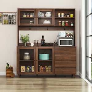 English Elm 63" Large Kitchen Hutch Cabinet with Microwave Shelf, 4 Doors & Drawers, Cable Management Storage Walnut W331S00171