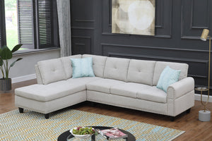 English Elm 2-Piece Alger 98" Wide Left-Hand Sofa & Chaise in Linen Blend with Tufted Backs, Nailhead Trim, Supportive Foam Cushions and Accent Pillows Light Gray B102S00092