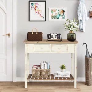 English Elm Vintage Two-Drawer Console Table Antique Natural Distressed Finish with Shelf, Sturdy Entryway Storage W2295P366795
