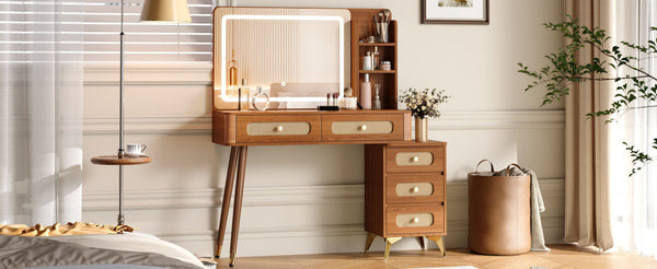 English Elm 47''Vintage Elegant Makeup Vanity with Lights and Mirror, 5-Drawer Rattan Design, Solid Wood Craftsmanship Walnut 46 L x 27 W x 8 H N733P337468M