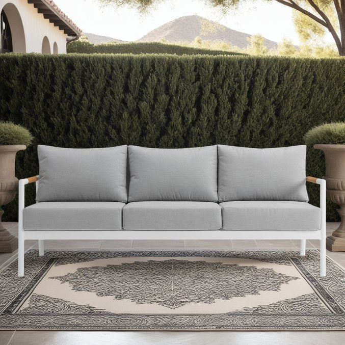 English Elm Wyncrest Aluminum & Teak Outdoor Sofa in Gray — Weatherproof, Plush Quick-Dry Cushions, No Assembly B2736P354340