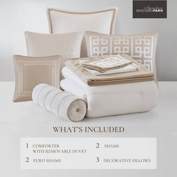 English Elm 9-piece King Bedding Set Velvet Slub Fabric Embroidered Comforter with Euro Shams Taupe B035P482954