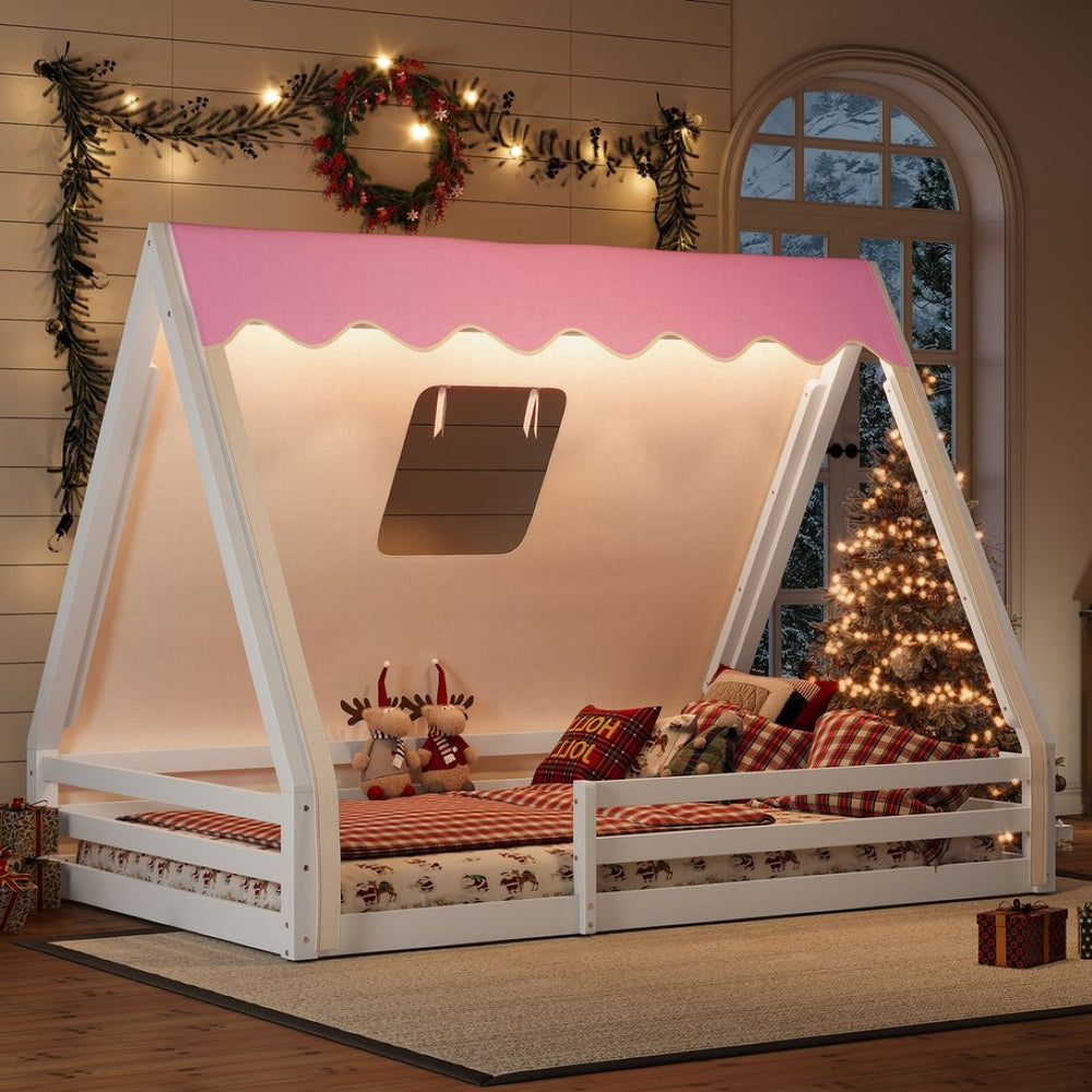 English Elm Twin Montessori Floor Bed Solid Pine Teepee Frame with Guardrails and Canopy Light White+Pink W1580P369467