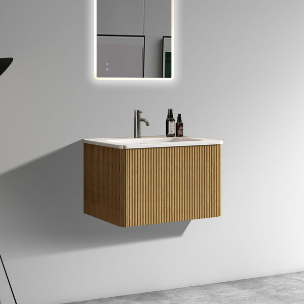 English Elm U055-Etna24W-306 Striped Natural Oak Floating Vanity 24" with Integrated White Ceramic Sink, Push-Open Drawer W1865P164724