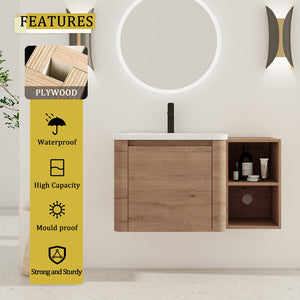 English Elm 36'' 36" Wall-Mounted Vanity with White Ceramic Sink, Plywood Shelves, Soft-Close Door & Rounded Edges W999S00379