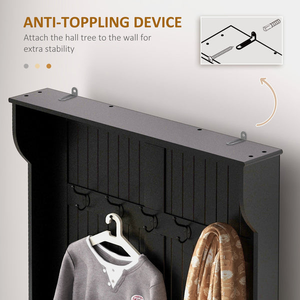 English Elm HOMCOM Entryway Hall Tree with Bench and 4 Double Hooks, Shoe Storage Organizer and Anti-Tip Black W2225P229710