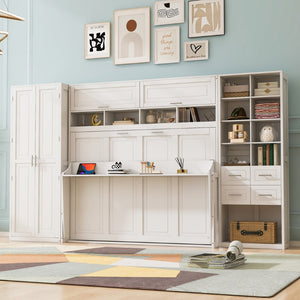English Elm Full Size Murphy Wall Bed with Wardrobe Drawers Shelving for Studio Apartments LP000383AAK