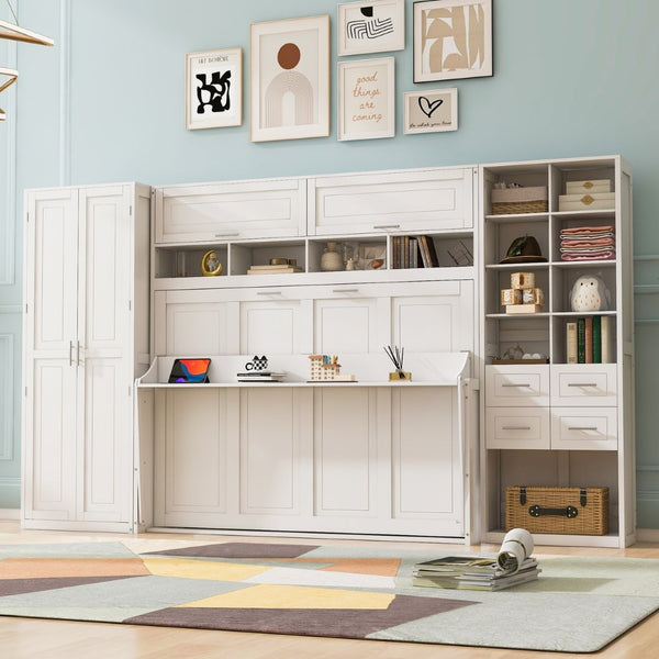 English Elm Full Size Murphy Wall Bed with Wardrobe Drawers Shelving for Studio Apartments LP000383AAK