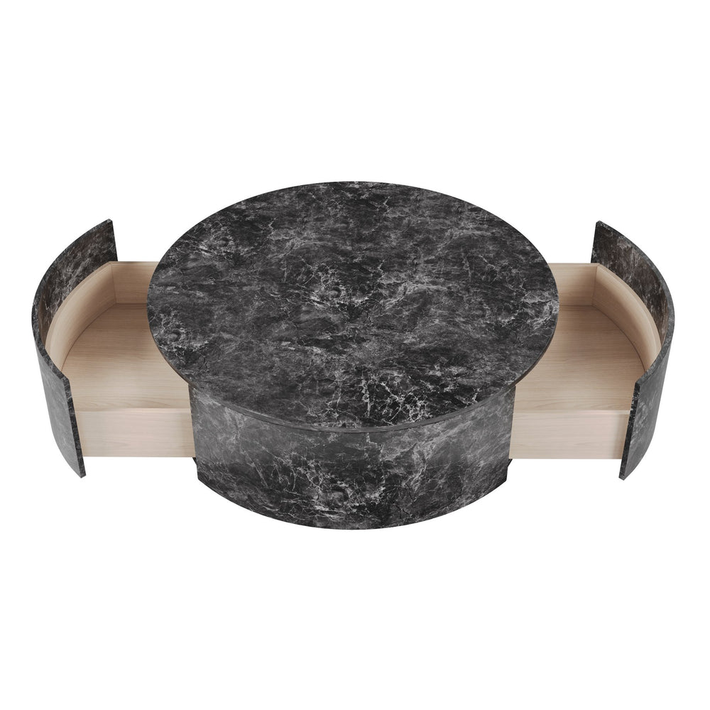 English Elm Tavola Round Coffee Table with Marble Pattern Top and Metal Legs, Two Drawers for Stylish Storage Brown B341P321163