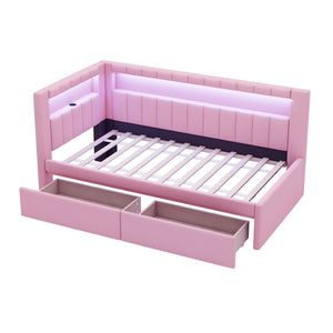 English Elm Upholstered Twin Platform Bed with USB Ports, LED Light Belt, Linen Backrest & 2 Storage Drawers Pink DL001926AAH