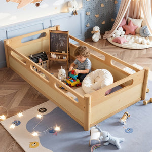 English Elm Twin Low Profile Floor Bed with Guardrails Pine Wood Frame Minimalist Bedroom Natural W1580P438791