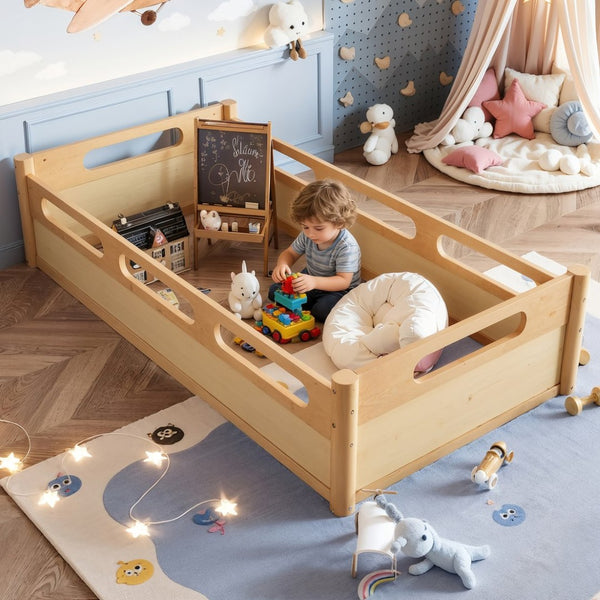English Elm Twin Low Profile Floor Bed with Guardrails Pine Wood Frame Minimalist Bedroom Natural W1580P438791