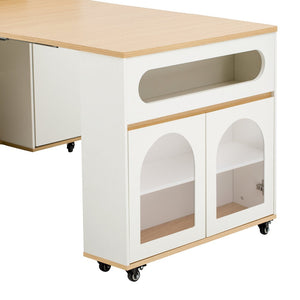 English Elm Trexm Rolling Kitchen Island Extendable Marble Top Cabinet Drawers Power Outlet Creamy White,Natural XW000029AAN