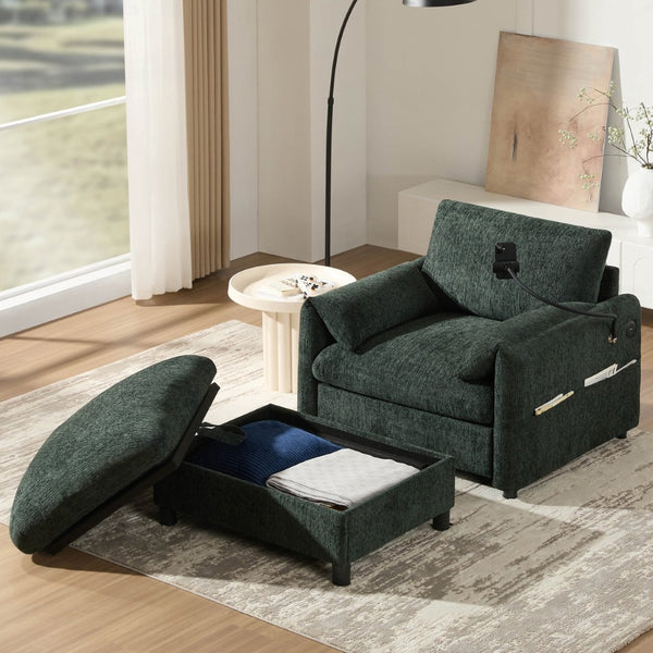 English Elm 37" Oversized Chenille Armchair with Ottoman Usb Charging Pocket Spring Living Room Green N723P387145F
