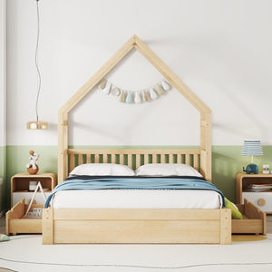 English Elm Wood Queen Size House Platform Bed with Guardrail and 2 Drawers — Charming Kids’ Playful Storage Bedframe Natural GX000726AAN