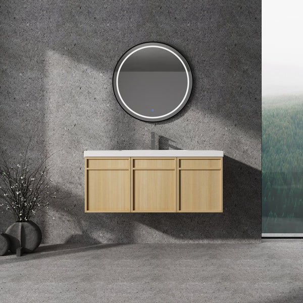 English Elm 48" 54.3" Wall-Mounted Bathroom Vanity with Resin Sink, Original Oak Finish, 3 Soft-Closing Doors, Plywood Construction W1972P315216