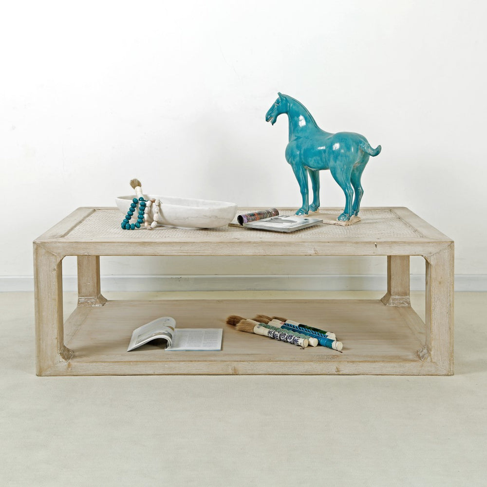 Lilys Milo Rectangular Coffee Table With Rattan Top Weathered Whitewash 9138