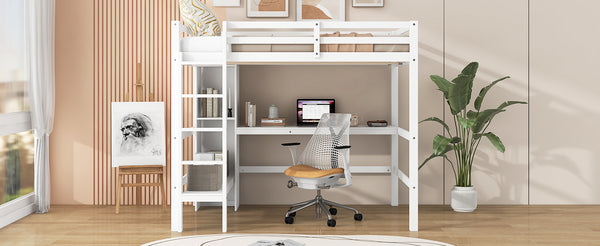 English Elm Full Size Loft Bed With Under-Bed Desk & Multifunction Shelves - Space-Saving White Design For Teens N7090005004K