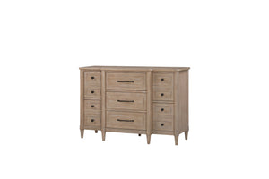 English Elm Small Breakfront Dresser with Mindi Veneer, Warm Neutral Finish, 7 Drawers, Tapered Legs, Elegant Storage Options Sand 62 L x 23.5 W x 36 H B2699P360160