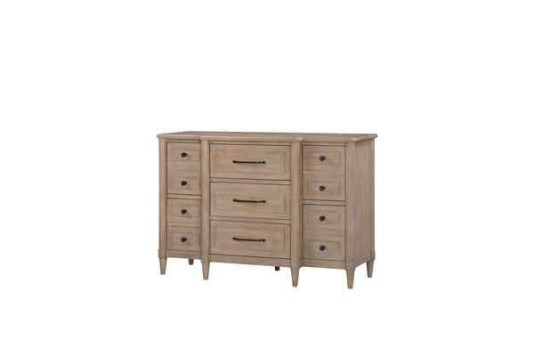 English Elm Small Breakfront Dresser with Mindi Veneer, Warm Neutral Finish, 7 Drawers, Tapered Legs, Elegant Storage Options Sand 62 L x 23.5 W x 36 H B2699P360160