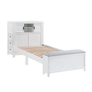 English Elm Gray Twin Platform Bed with Bookcase Headboard Hidden Desk Stool and Footboard Bench White B011S02324