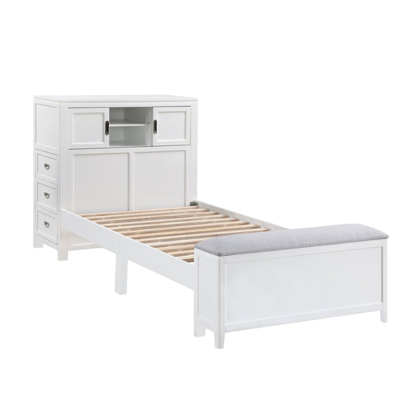 English Elm Gray Twin Platform Bed with Bookcase Headboard Hidden Desk Stool and Footboard Bench White B011S02324
