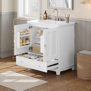 English Elm 30" Modern Bathroom Vanity with Ceramic Sink, Solid Wood Frame, Soft-Close Drawer & Adjustable Shelf White N710P293306K