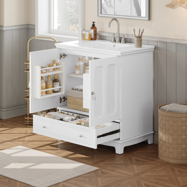 English Elm 30" Modern Bathroom Vanity with Ceramic Sink, Solid Wood Frame, Soft-Close Drawer & Adjustable Shelf White N710P293306K