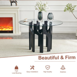 English Elm Round Tempered Glass Dining Table Sculptural Geometric Mdf Base Seats Four Compact Black W3875P387177