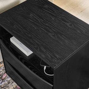 English Elm Mid Century Modern nightstand with USB charging, louver drawers, open shelf and hidden cord storage Black W1801P303391
