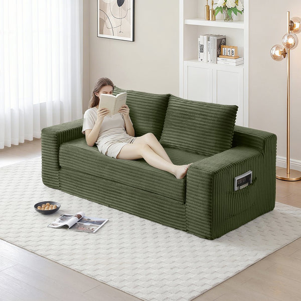 English Elm Memory Foam Cloud Loveseat with Pull-Out Bed, Convertible Floor Sofa Bed for Small Spaces and Guests Green W2677P395126