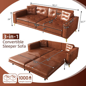 English Elm 92.1"king Faux Leather Convertible Sleeper Sofa Tufted 4 Seat Pull Out Living Room Couch Light Brown W1885S00408
