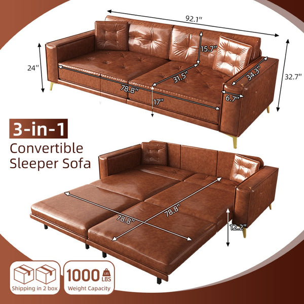 English Elm 92.1"king Faux Leather Convertible Sleeper Sofa Tufted 4 Seat Pull Out Living Room Couch Light Brown W1885S00408