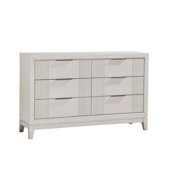 English Elm Antique White Six Drawer Dresser Reeded Fronts Chrome Pulls Modern Bedroom Storage B011P246248
