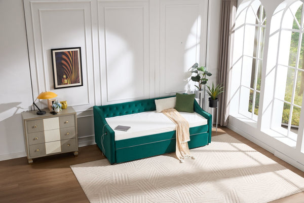 English Elm Twin Velvet Daybed with Pull Out Trundle Tufted Back Usb Port and Side Pockets Emerald W1361S00038