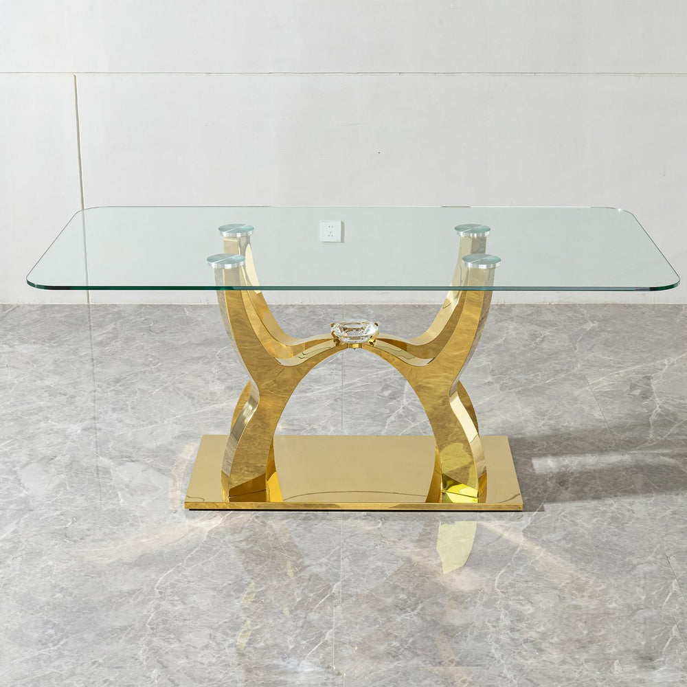 English Elm Gold Stainless Steel Dining Table With Tempered Glass Top - Elegant, Durable, Modern Design, 70.08" W2723S00019