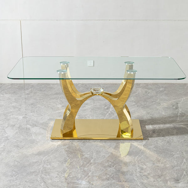 English Elm Gold Stainless Steel Dining Table With Tempered Glass Top - Elegant, Durable, Modern Design, 70.08" W2723S00019