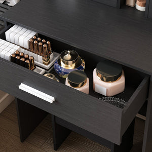 English Elm Vanity compact dressing desk with LED mirror, 3-color dimmable lights, drawers, stool, outlet Black W2699P345801