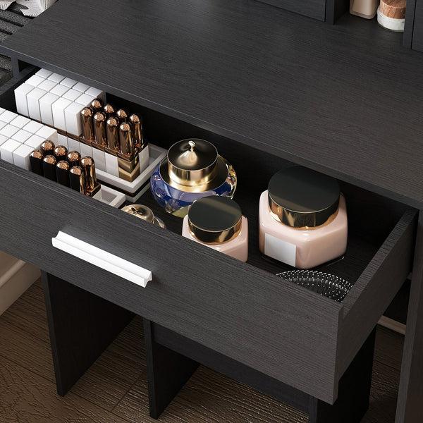 English Elm Vanity compact dressing desk with LED mirror, 3-color dimmable lights, drawers, stool, outlet Black W2699P345801