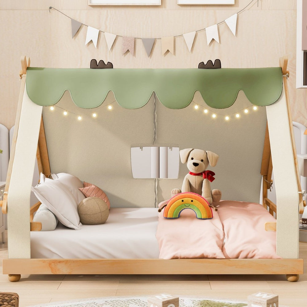 English Elm Twin Cabin Bed with Detachable Tent Skylight and Woodland Deer Antler Accents White N708P356717K