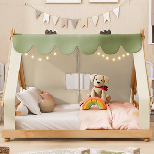 English Elm Twin Cabin Bed with Detachable Tent Skylight and Woodland Deer Antler Accents White N708P356717K