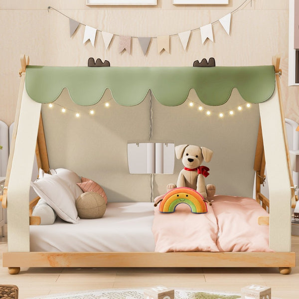 English Elm Twin Cabin Bed with Detachable Tent Skylight and Woodland Deer Antler Accents White N708P356717K