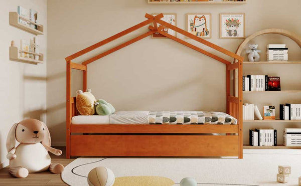 English Elm Twin House Bed with Pull Out Trundle Solid Pine Wood Frame Walnut Kids Room N708P309238L